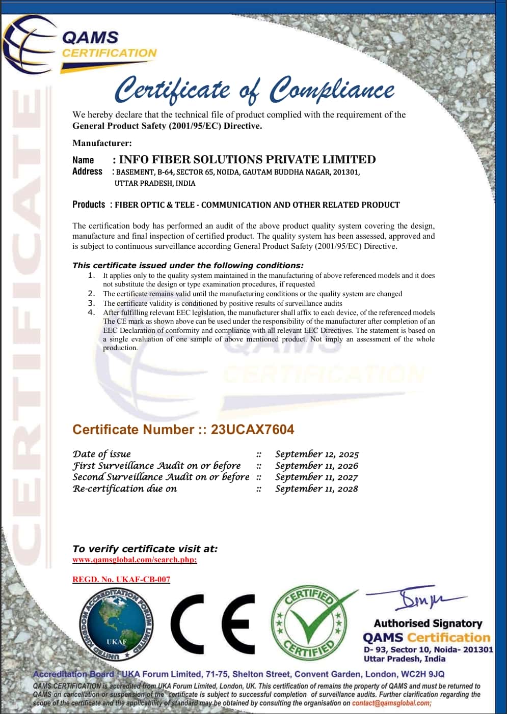 QAMS Certificate of Compliance - General Product Safety(2001/95/EC)